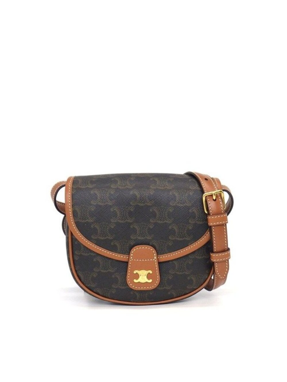 Celine Shoulder Bag Besace Mini Tan Triomphe Canvas Calfskin Gold